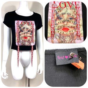 Frst love face print 3D embellished crop top